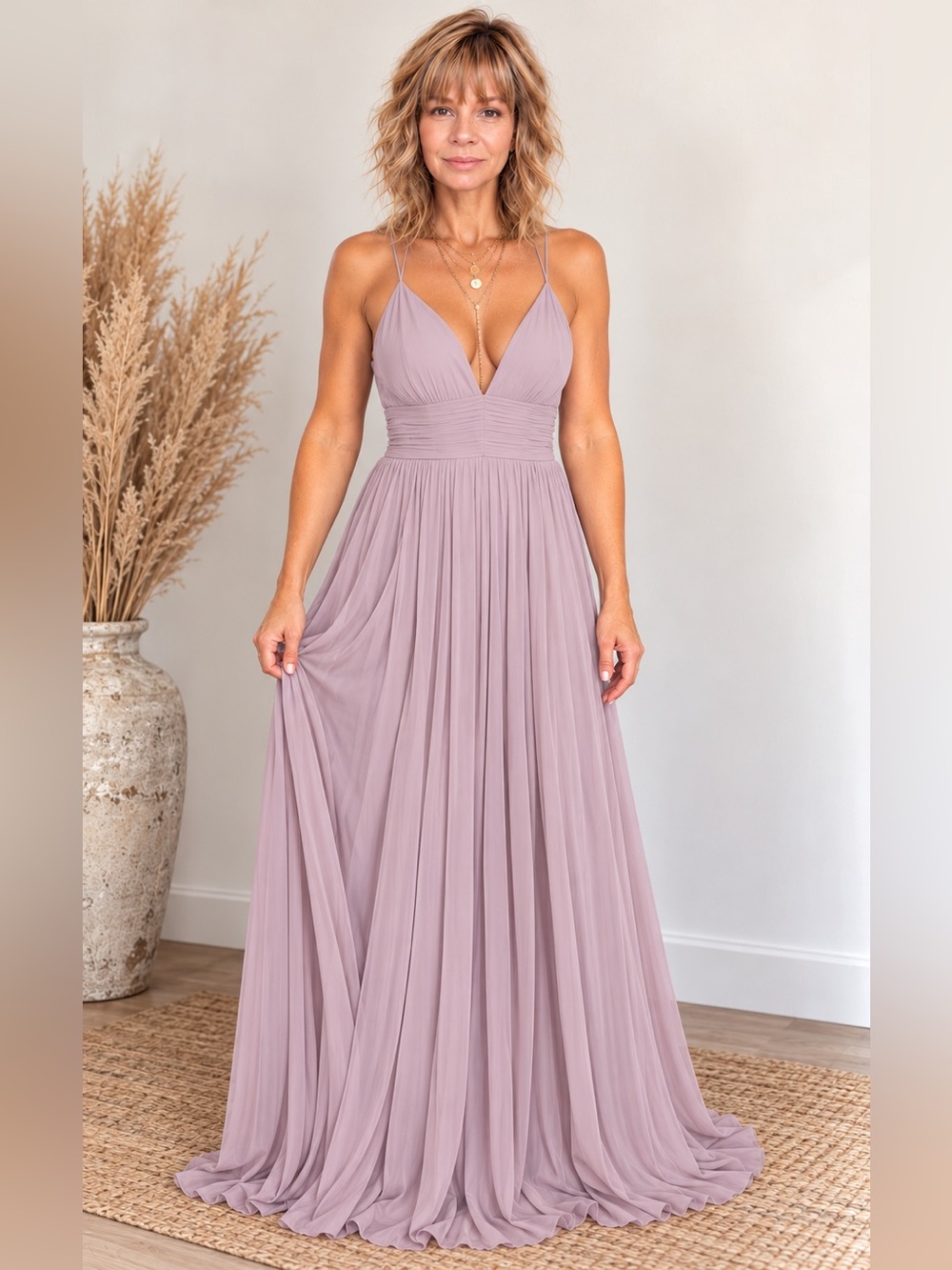 Soieblu Taupe Gray Pleated Pro Maxi Dress with Criss Cross Back Size Medium